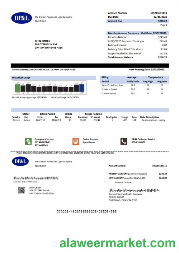 USA Ohio DP&L utility bill template in Word and PDF format